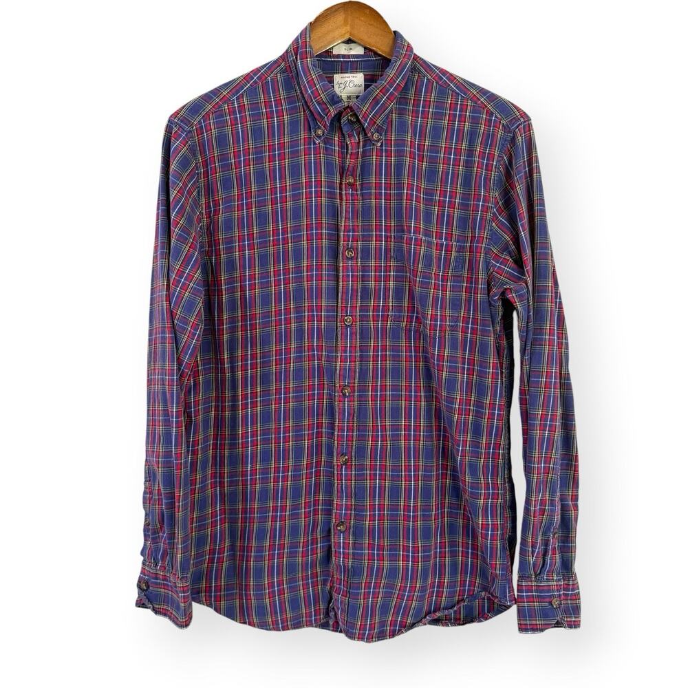 J.Crew Mens Slim Fit Brushed Twill Plaid Button Down Shirt Navy Blue Red M